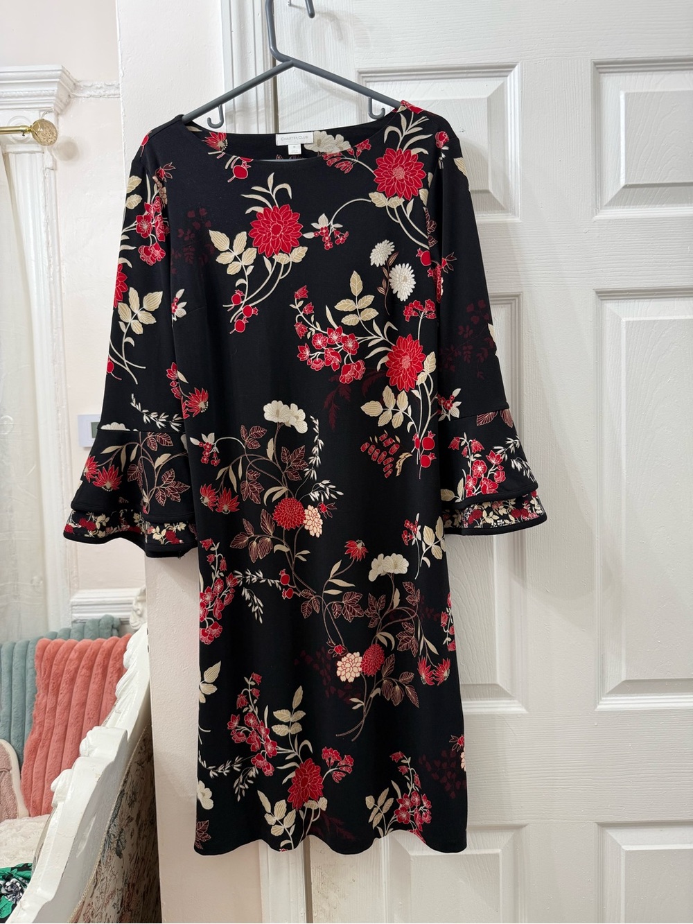Floral Bell-Sleeve Shift Dress - Black with Red & Cream Flowers